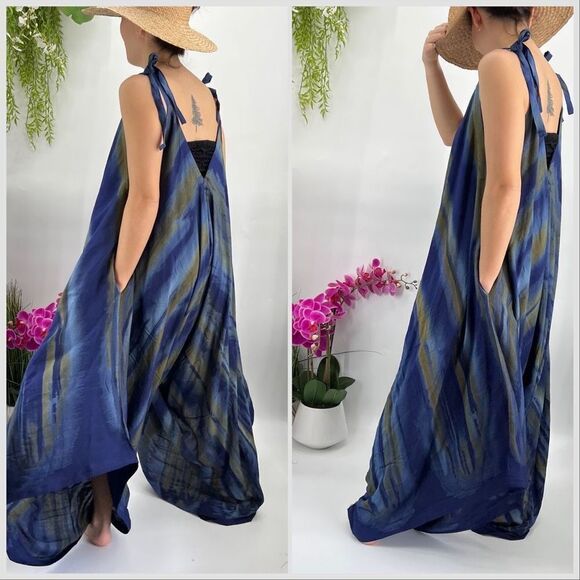 Pōʻalima Blue Tan Tropical Boho Wide Leg Beach Romper - Picture 5 of 14